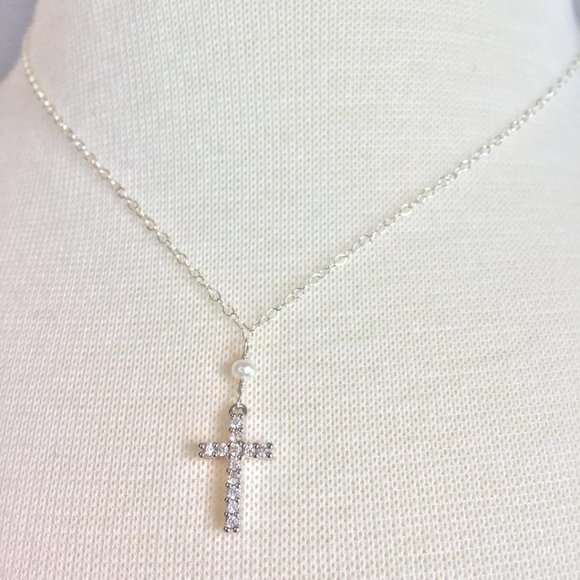 JPeace Designs Jewelry - Tiny White Pearl CZ Cross Necklace Sterling Silver